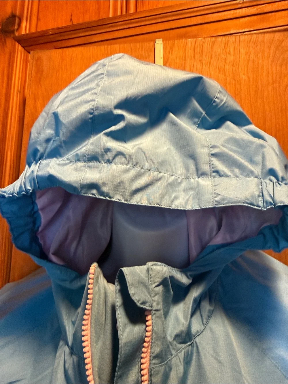 Eddie Bauer Two-Tone Hooded Rain Jacket in Light Blue and Pink